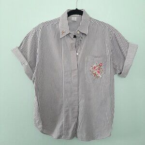 VTG Reed Hunter Stripe Cotton Embroidered Button Down Preppy Coastal Boho Camp M